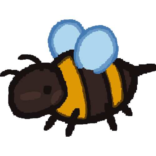 A pixelated style drawing of a simplistic bee, it's body is a dull yellow with black-brown stripes as well as a pair of light blue wings